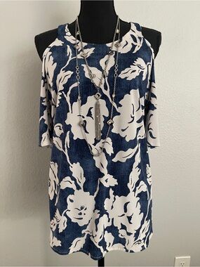 INC International Concepts Navy and White Cold-Shoulder Floral Tunic
